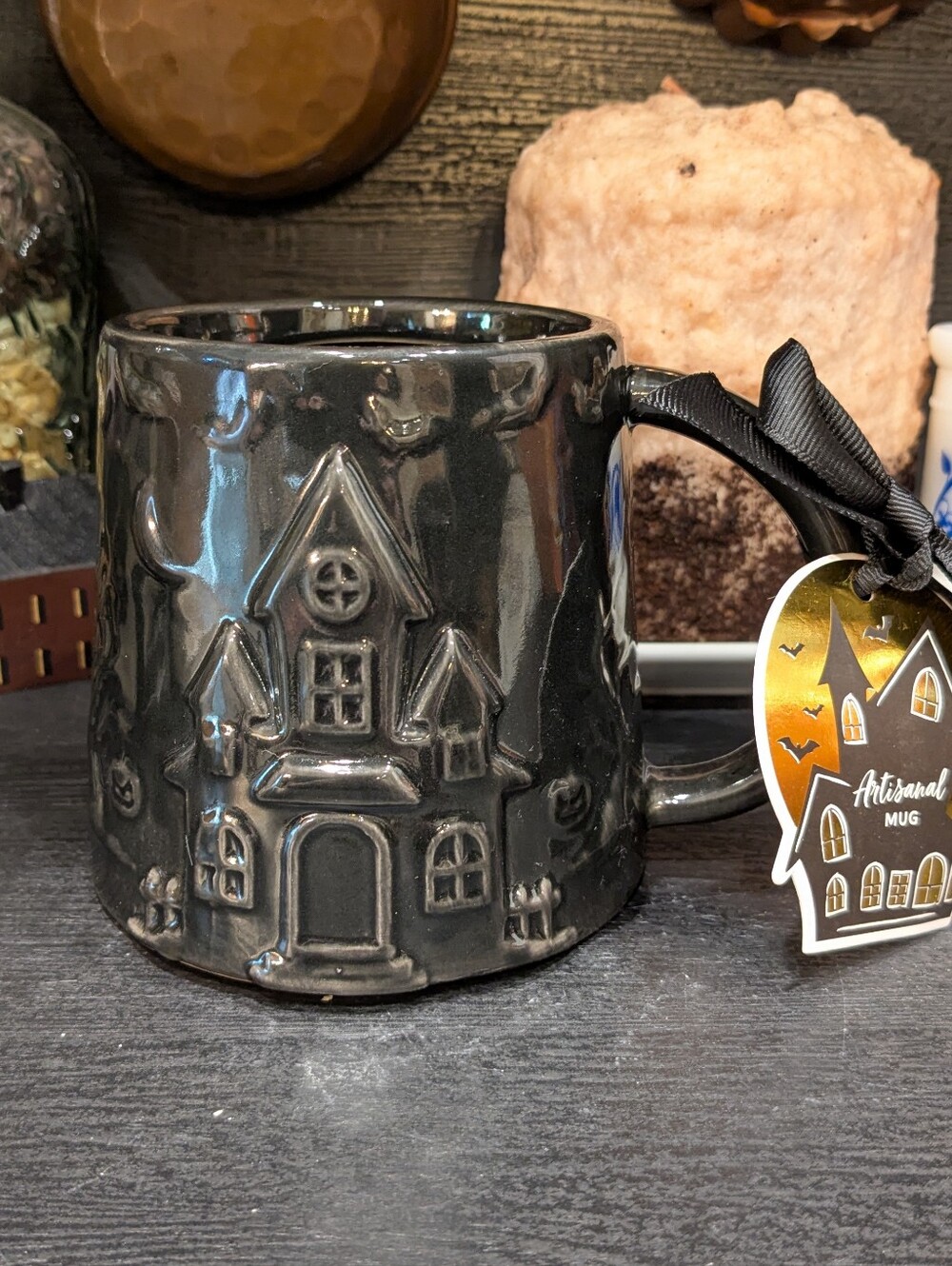 Sunday Morning Ceramics Black Haunted House-Relief Mug NWT 16 oz - Picture 2 of 6